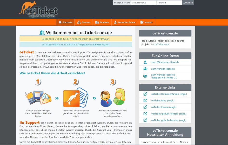 Screenshot von www.osticket.com.de